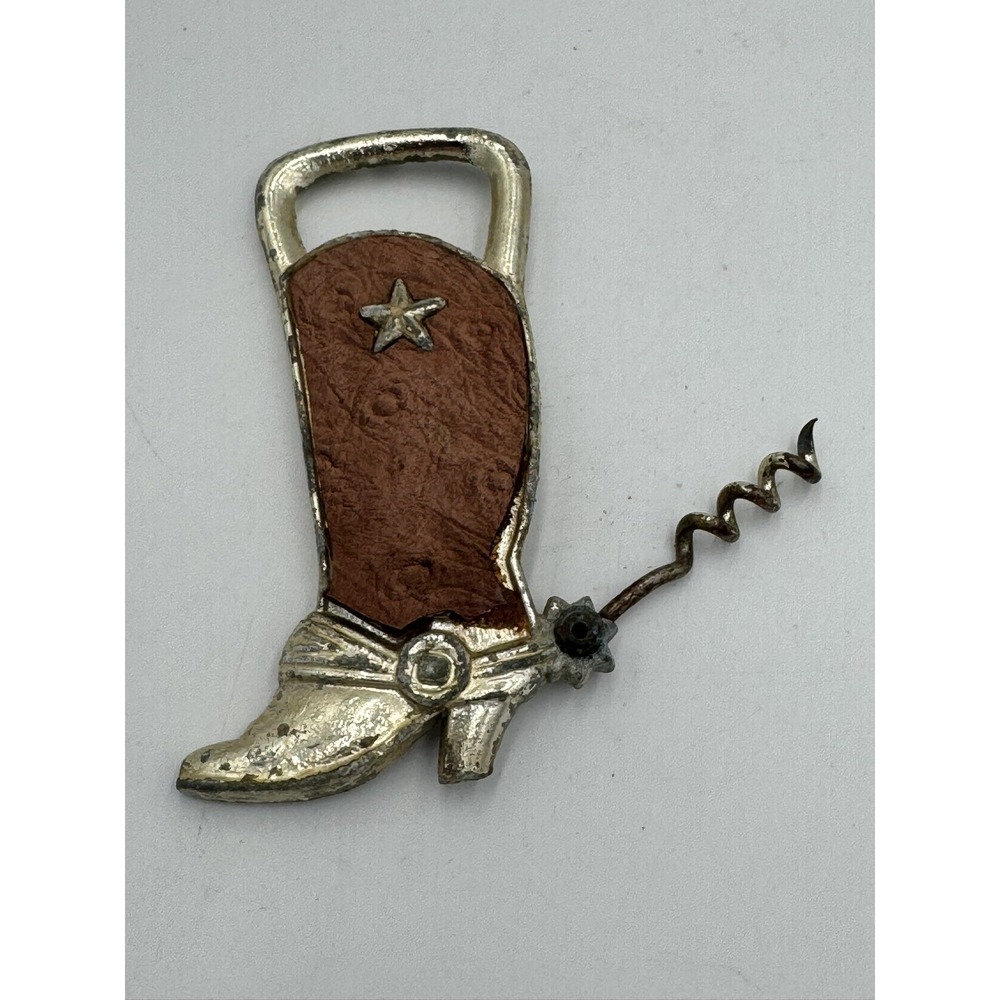 Metal Craft Corkscrew and Bottle Opener Western Cowboy Boot Leather Silver Tone